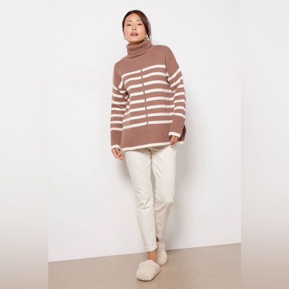 Line & Dot Brown and Cream Striped Turtleneck Sweater - Picture 1 of 5